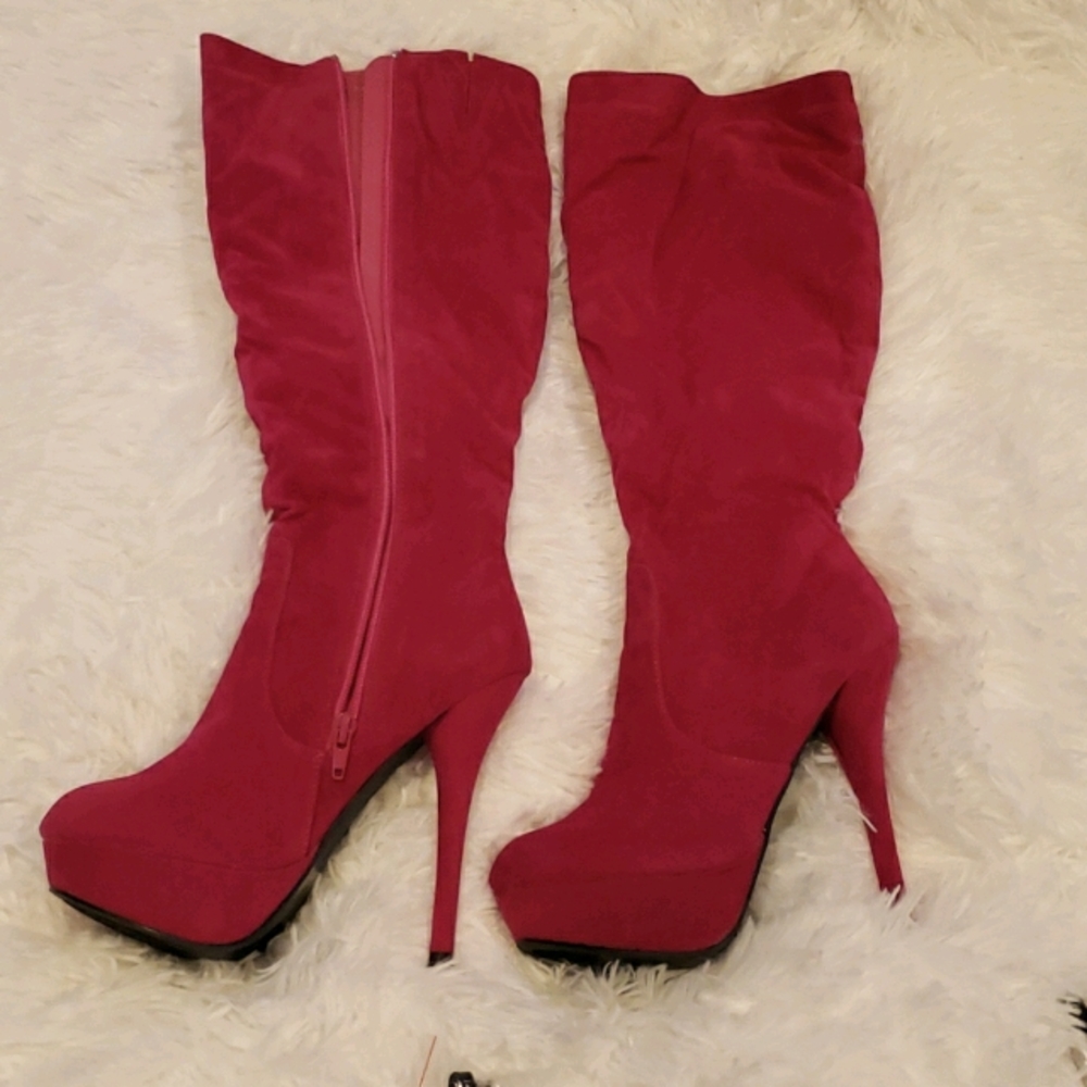 Pink Suede Knee Boots